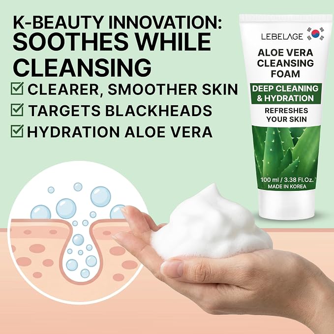 LEBELAGE Korean Aloe Vera Facial Cleanser 3.38 oz | Cleansing Foam Face Wash | Low pH Gentle Hydrating Daily Facial Cleanser Sensitive Skin | Deep Cleansing Foaming Cleanser, Pore Care-All Skin Types