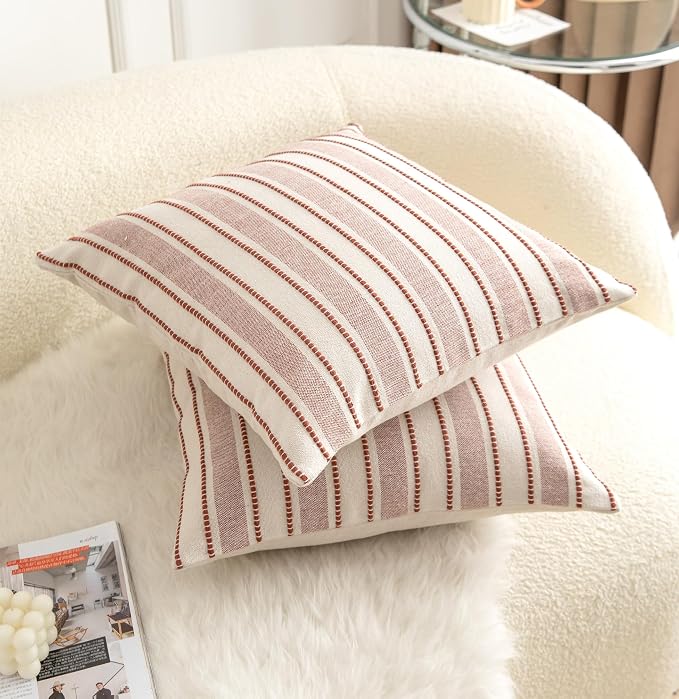 Cethom Decorative Boho Throw Pillow Covers, Farmhouse Textured Pillow Case, 20 x 20 Inch Set of 2, Chair Sofa Bedroom Living Room Home Decor Couch Cushion Case, Rust and Beige Striped