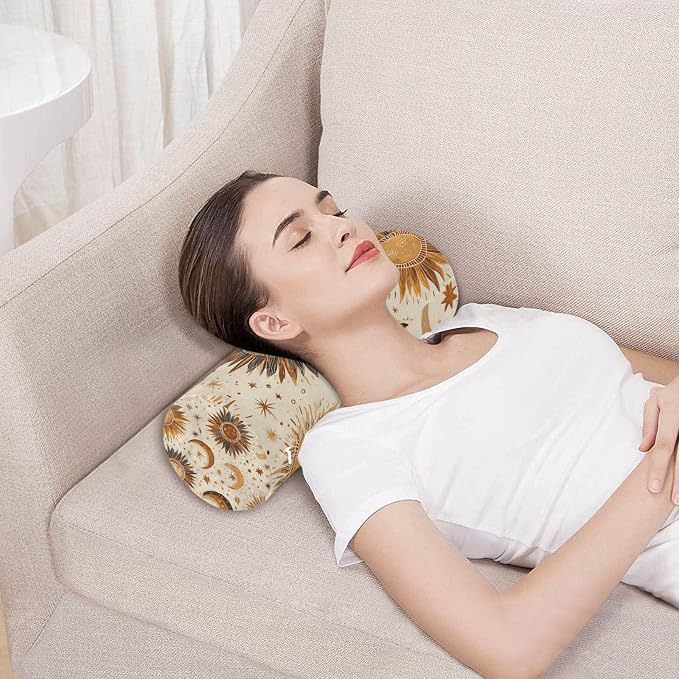 Brown Boho Sun Moon Neck Roll Pillow Bolster Round Health Memory Foam Long Cervical Cylinder Pillows with Removable Washable Cover for Body Bed Legs Back Yoga