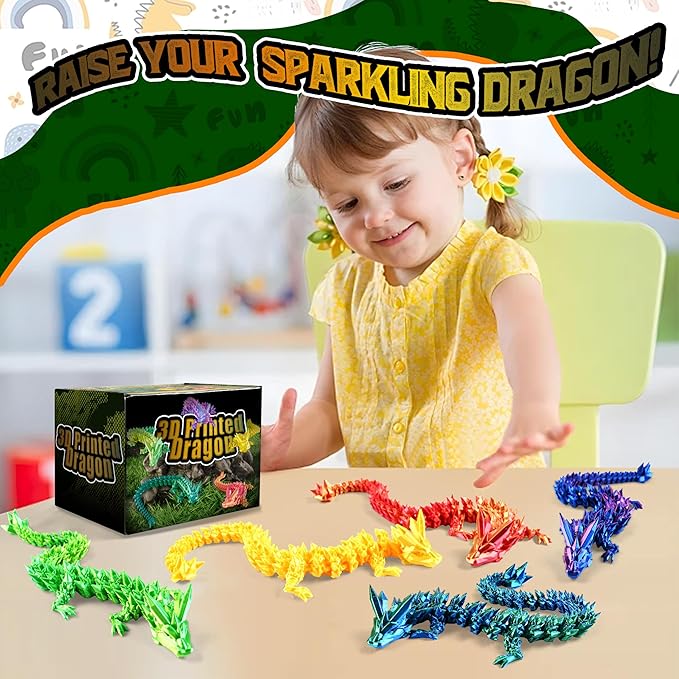 5PCS 12" 3D Printed Dragon Set Articulated Crystal Dragons Dragon Desk Toys, 3D Printed Animals Cool Unique Birthday Gifts for Teen Adult Novelty Christmas Stocking Stuffers Gadget for Men Boy