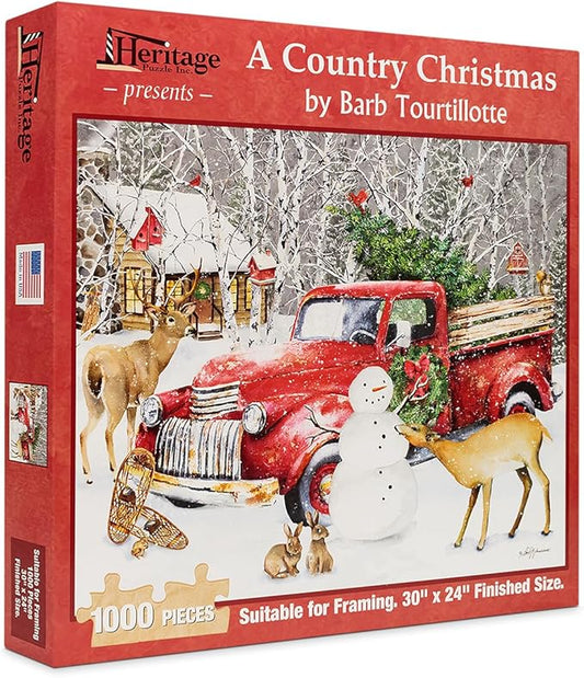 Heritage Puzzle – A Country Christmas by Barb Tourtillotte – 1000 Piece Puzzle for Adults – Cool and Challenging Winter Scene with Santa, Cabin and Snow - Large 30" x 24" Finished Size