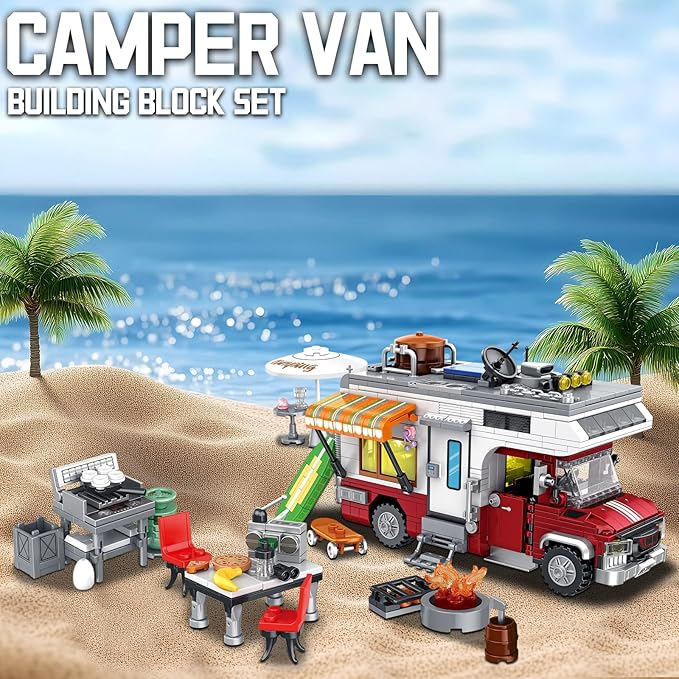 CSNRHG Camping Van Construction Toy 924 Pieces Building Block Set with Picnic Table Grill & Fire Scene Gift for Kids Teens & Vehicle Fans