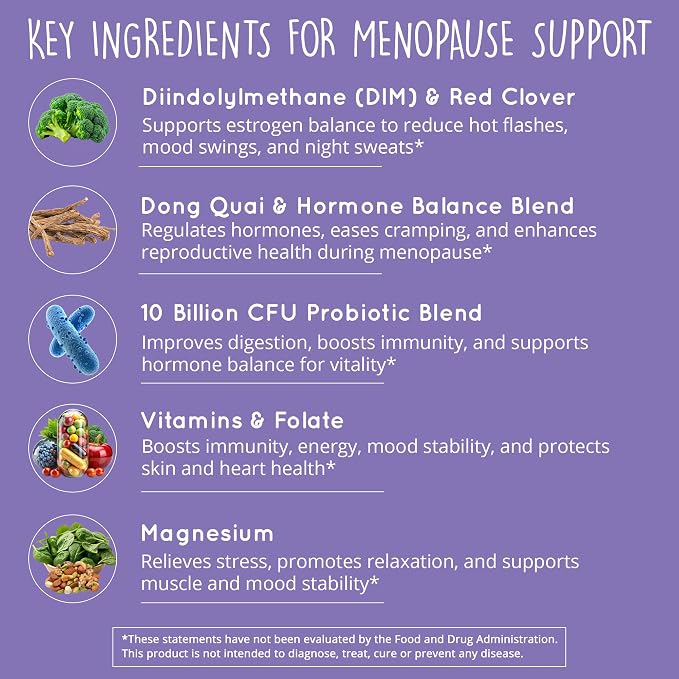 Happy Healthy Hippie Menopause Support for Women, DIM & Probiotics, 60 Ct | Supports Estrogen Metabolism for Hot Flashes & Night Sweats - 10 Billion CFU Probiotic with Dong Quai, 30 Servings