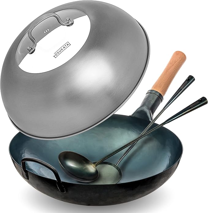 YOSUKATA Blue Round Bottom Wok Pan 14" + Wok Lid 13.6 Inch - Stainless Wok Cover with Tempered Glass Insert Steam Holes + Blue Carbon Steel 17-inch Wok Spatula, Wok Ladle, 3 pairs of Chopsticks