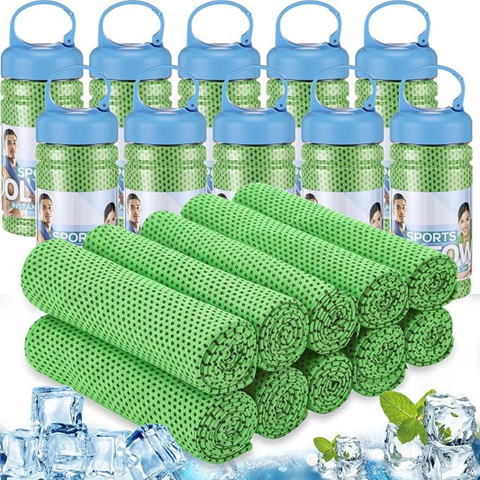 Honoson 10 Pcs Cooling Towels for Neck and Face, 47"x12" Sports Breathable Ice Towels Microfiber Chilly Sweat Rags with Portable Bottle for Gym Golf Athletes Yoga Workout Hot Weather (Green)