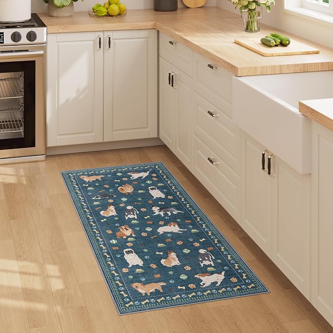 DUKINO 2x4 Rug Runner, Washable Dog Bathroom Rug Soft Non Slip, Blue | Low Pile, Non-Shedding, Stain Resistant, Indoor Animal Carpet Runner for Kitchen Entryway Hallway Laundry Farmhouse Bedroom