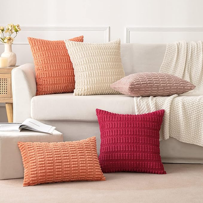 MIULEE Corduroy Decorative Throw Pillow Covers 20x20 Coral Pack of 2 | Soft Boho Striped Pillow Covers Modern Farmhouse Home Decor For Sofa Living Room Couch Bed