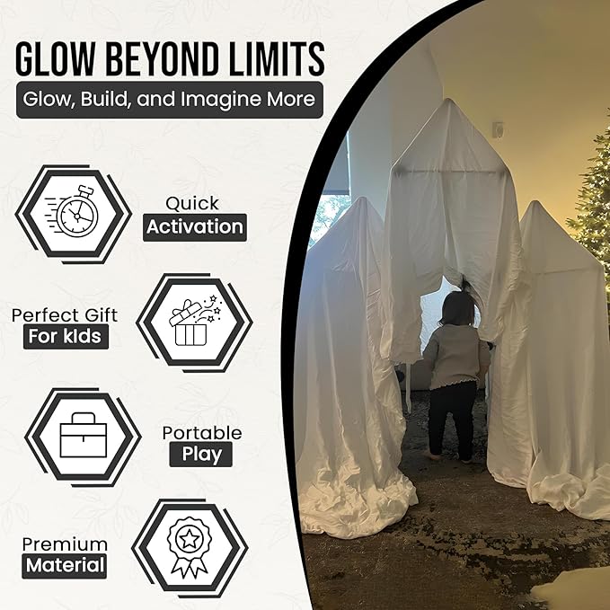 INDOORSY 100pc Glow in The Dark Kids Fort Building Kit for Kids 4-8 and 8-12 | Tiny Home Kit for Indoor Fun | Toys for Kid Magic Fort Building Kit with Box, Storage Bag, Lights | Play Fort for All