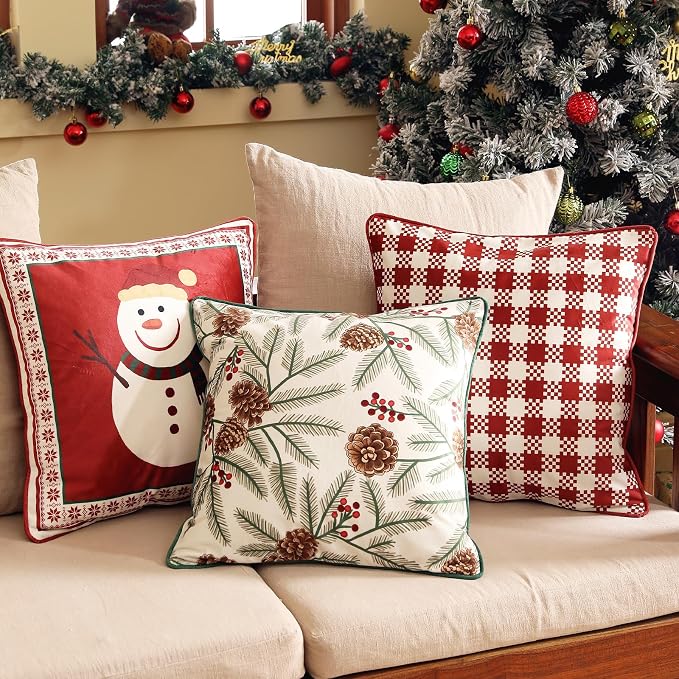 Designer Chrismas Velvet Throw Pillow Cover,18"x18"-Carol B | Vintage Square Pillow Cover,Concealed Zipper Design,Pinecones Pattern,Sofas,Bedroom,Living Room,Lounge Chairs,Decor