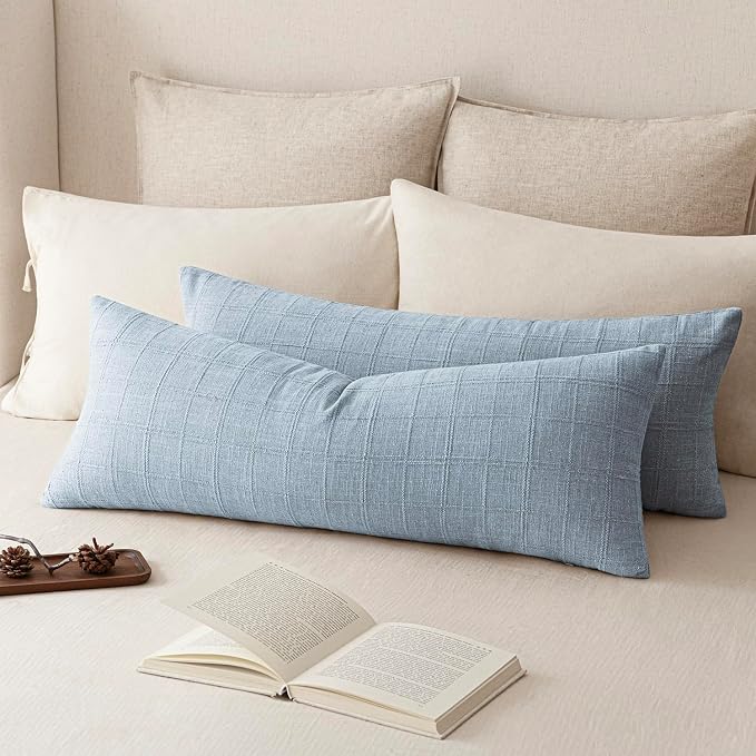 Foindtower Set of 2 Decorative Linen Check Throw Pillow Covers Neutral Farmhouse Vintage Cushion Covers Cozy Modern Boho Accent Home Decor for Sofa Chair Couch Bedroom Living Room,14×36 Inch,Sky Blue