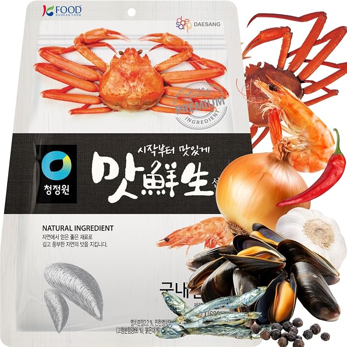 Korean Food O'Food Seafood Spice Mix, Soup Base Powder with Anchovy, 250g | Korean seafood soup base powder with anchovy, crab, shrimp, and vegetables for rich umami flavor in soups and noodles.