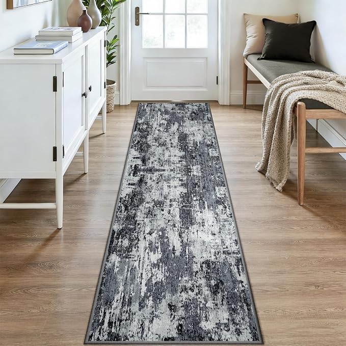 RELEANY Washable Runner 2'x9' Abstract Area Rug for Hallway Black White | carpet for kitchen, entryway, bathroom, living room, bedroom, printed pattern, non-slip, soft, stain-resistant, easy to clean