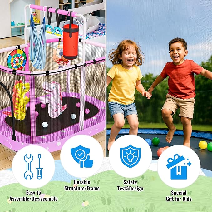 LAMERGE 55" 7-in-1 Round Trampoline for Kids Boys & Girls Ages 1-8, Indoor & Outdoor Trampoline for Fun, Adjustable Height Handrail ＆ Enclosed Safety Net ＆ Durable Designs for Toddlers Children