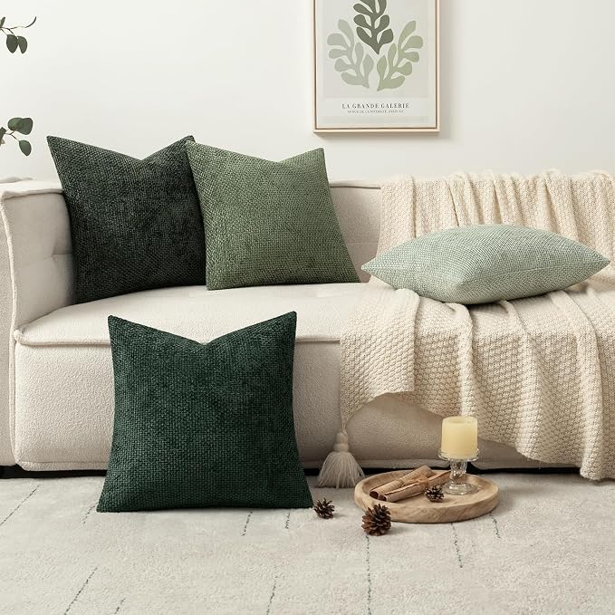 MIULEE Soft Decorative Chenille Pillow Covers Forest Green 16x16 Pack of 4 | Nordic Home Decor, Woodland Forest Bath Set, Couch Throw Pillows, Farmhouse Boho Cushion Covers for Sofa Bed Living Room