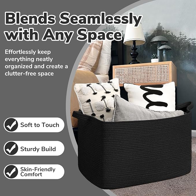 Goodpick Large Woven Rope Blanket Basket, Rectangle, Black, 75L | 21.6'' x 14.9'' x 11.8'' Storage Basket for Blankets, Toys & Pillows, Living Room & Bedroom Organization, Reinforced Handles