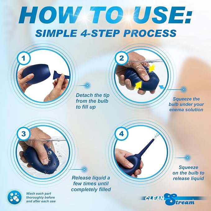 Cleanstream Flex Tip Cleansing Enema Bulb, Holds 250 ml or 8 fl oz, Reusable Enema Vaginal Cleaner Kit for Men and Women, Flex-Tip, One-Hand, Blue