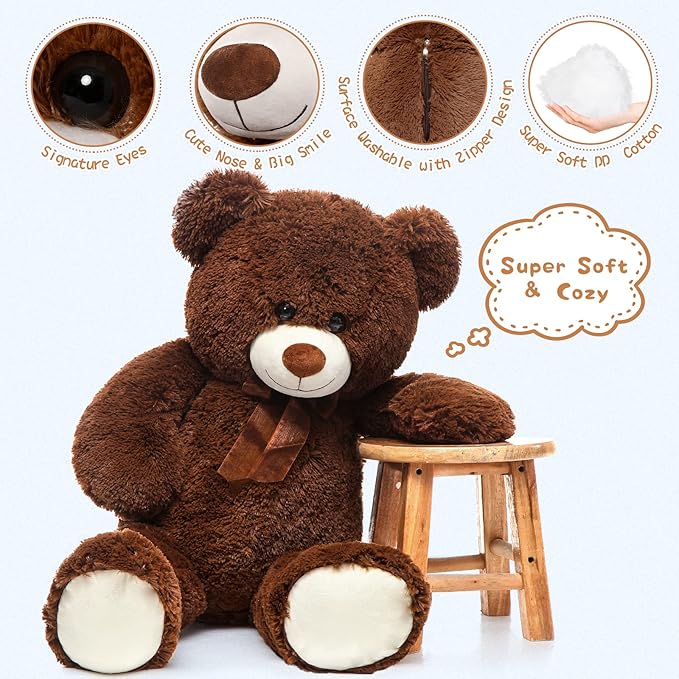 MorisMos Giant Teddy Bear Stuffed Animal 3 ft-36'' Large Teddy Bear, Brown Big Teddy Bear for Girlfriend Valentines, Large Stuffed Bear Plush for Birthday Christmas Baby Shower Decor,Dark Brown