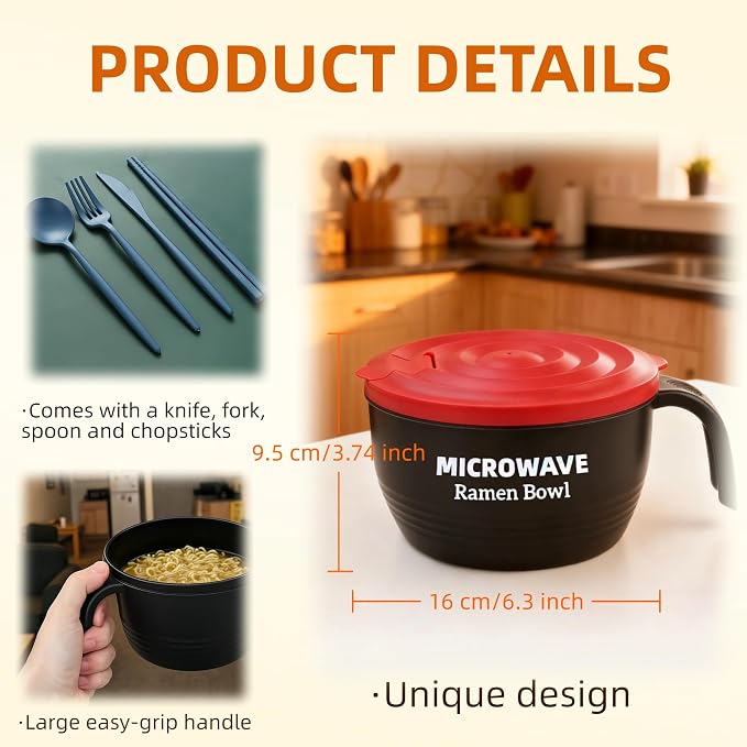 Layron Ramen Cooker Bowl - 45 oz Microwaveable Noodle Bowl Ramen in few Minutes- BPA Free and Dishwasher Safe Set with Chopsticks Perfect for Dorm, Small Kitchen, or Officee (black)