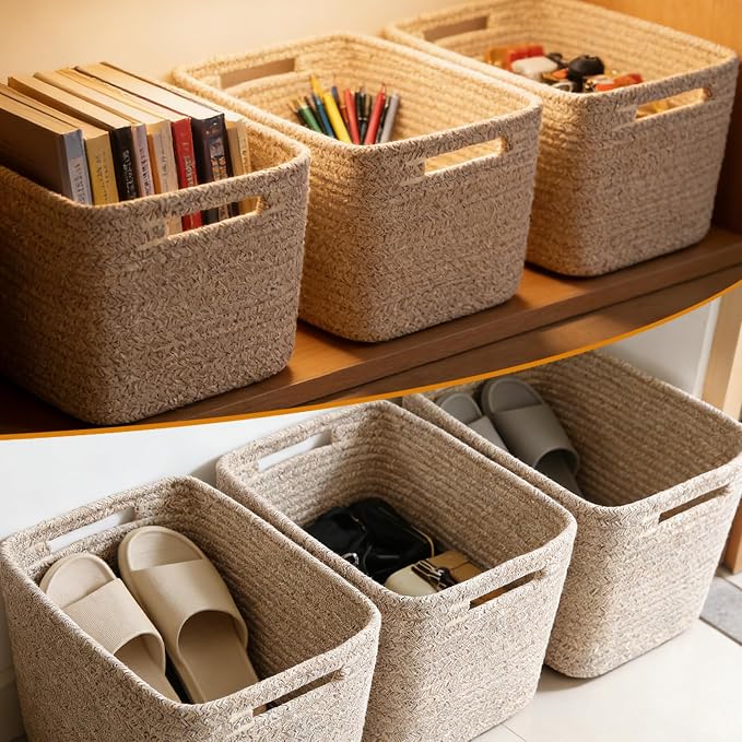 6 Pack Woven Rope Baskets, 12.6"×9"×7.8" Storage Bins, Brown | Storage Boxes for Toys, Books, Towels, Clothes, Shelf Baskets Organizer,Empty Gift Baskets for Living Room, Bathroom, Bedroom
