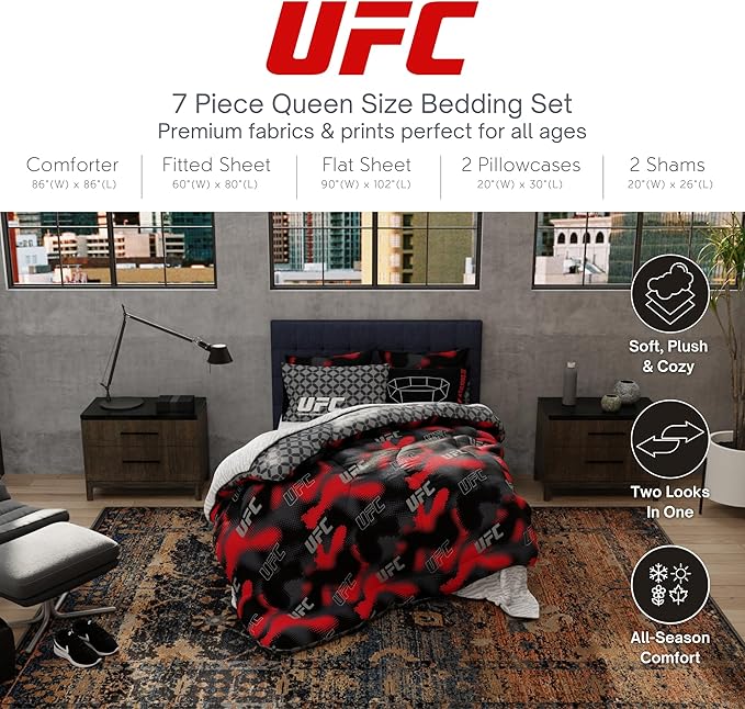UFC Fight Night Bedding Set, Queen Size 7 Piece Set Super Soft Cozy Reversible Comforter and Sheet Set with Sham, (100% Officially Licensed Product) by Franco