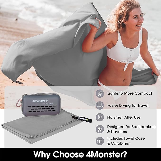 4Monster Quick Dry Travel Towel with Case & Carabiner – Super Absorbent Microfiber Gym & Camping Towel. Compact, Lightweight, Fast Drying for Beach, Swimming, Hiking, Backpacking