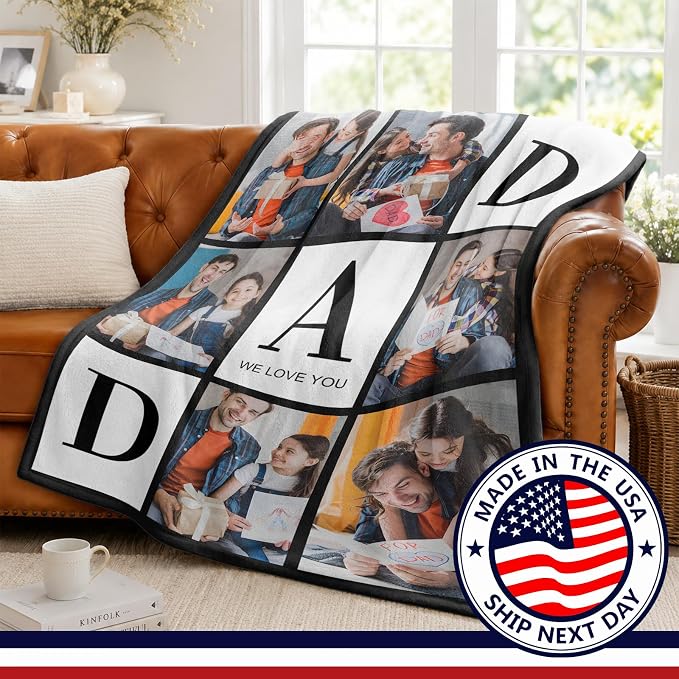 Fathers Day Birthday Gift for Dad Custom Blanket with 6 Photo & Text, Personalized Blankets with Picture to My Dad, HD Printing Customized Flannel Throw Blanket Gifts for Best Daddy Grandpa Ever