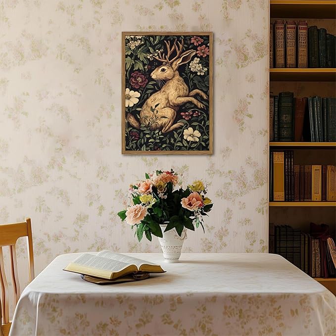 Vintage Rabbit Wall Art Whimsical Dark Cottagecore Jackalope Wall Decor Painting Moody Animal and Botanical Poster Canvas Print for Living Room Bedroom 12x16 inch Wood Framed