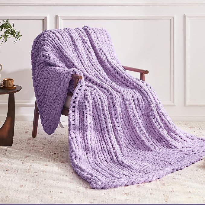 Negwoo Chunky Knit Throw Blanket, Knitted Throw Chenille Yarn, 50"*60" | Soft Thick Cable Knitted Blankets, Handmade Big Thick Blanket,Machine Washable Cute Comfy Blanket for Home Decor,Light purple