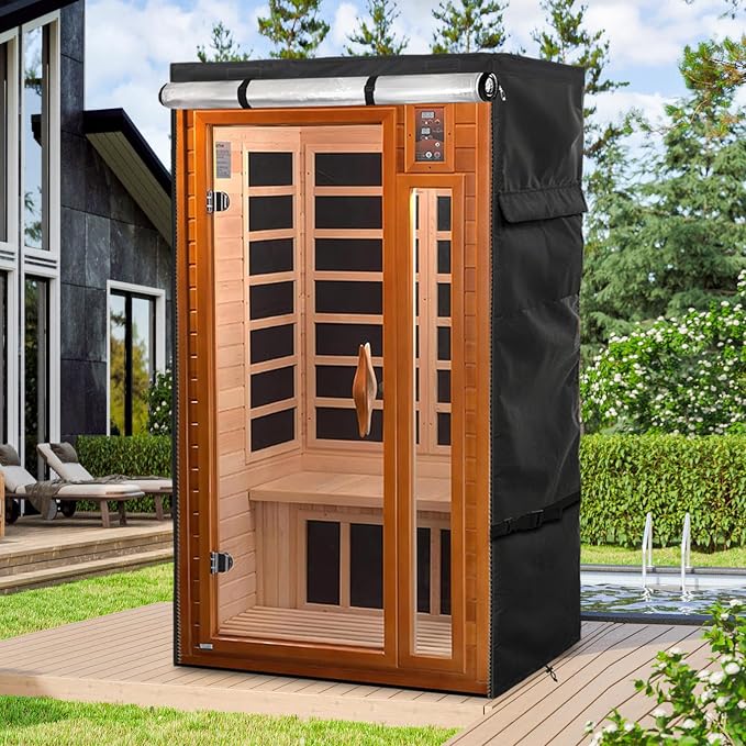 Outdoor Wood Sauna Cover,Sauna Covers with Separate Top Cover for Wood Home Spa Saunas,40" Lx37 Dx73 H with PVC Clear Door Design,Black