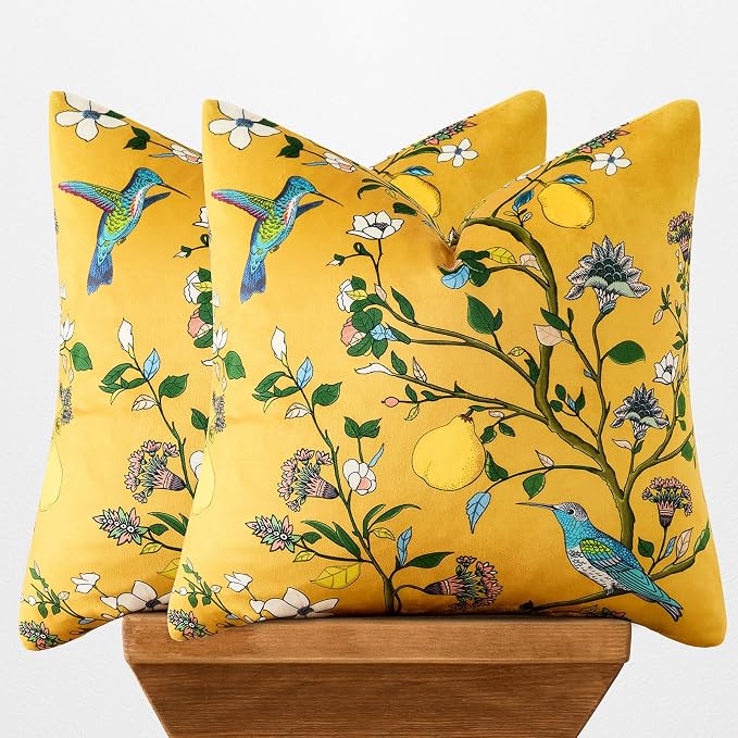 MUSSEL Yellow Velvet Floral Decorative 20x20 Pillow Covers Set of 2 | Soft Durable and Sturdy,Bird Plant,Throw Pillows Case,Square,Colorful Farmhouse Cushion Covers,Home Sofa Bed Couch Decor