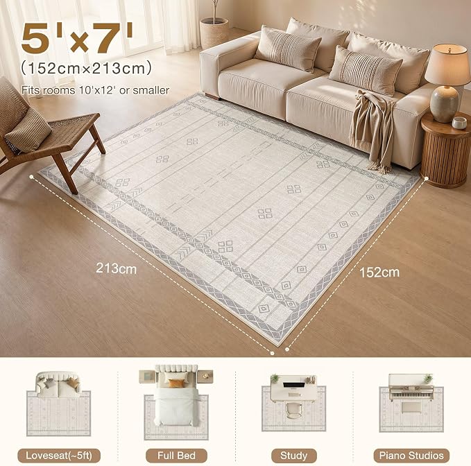 cotiled 5x7 Area Rugs Living Room Rug: Washable Boho Rugs with Non Slip Backing Large Soft Indoor Stain Resistant Carpet for Bedroom Farmhouse Dining Room Lightweight Home Decor Grey Beige