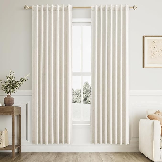 Guken 100% Blackout Linen Curtains for Bedroom 80 Inches Long Natural Cream Black Out Curtain Back Tab Thermal Insulated Room Darkening Window Drapes for Living Room 2 Panels Beige Ivory 52x80