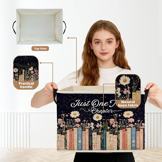 Mystical Celestial Floral Bookish Storage Box Bins, Just One More Chapter Collapsible Storage Basket Organizer for Reading Nook Corner Room Library Home Clothes Books