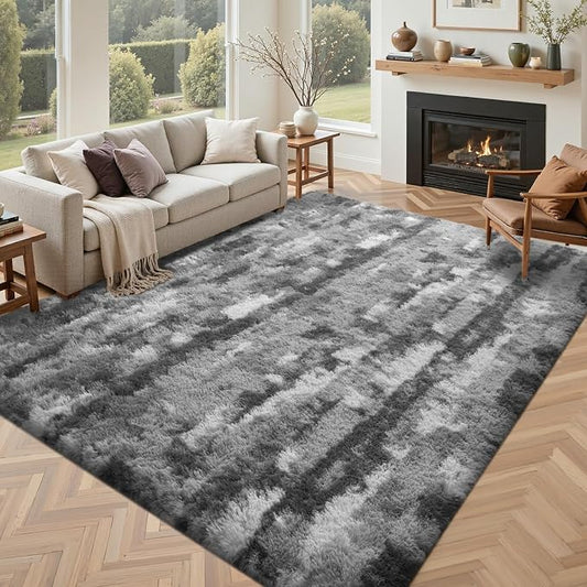 4x6 Feet Area Rugs for Bedroom, Grey and White Plush Fluffy Shaggy Living Room Rugs Non-Slip, Ultra Soft Carpet for Nursery Kids PlayRoom Dorm Office Indoor