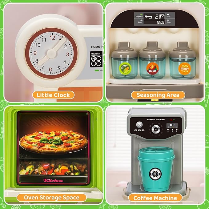 Kids Play Kitchen Set, Toddler Kitchen Playset with Light & Sound, Cooking Stove, Play Sink, Coffee Maker, Play Food Toy and Kitchen Accessories, Kitchen Toy for Kids Girls Boys - Green