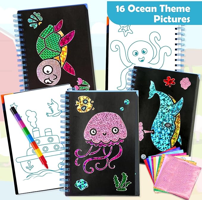 FUNNYB&G Foil Art Crafts for Kids Ages 4-8: Valentines Crafts for Kids 2026,Birthday Gift for Girls,Art and Crafts Supplies,Party Favors,Creative Toys for Girls Boys 4 5 6 7 8 9 Years Old(Ocean)