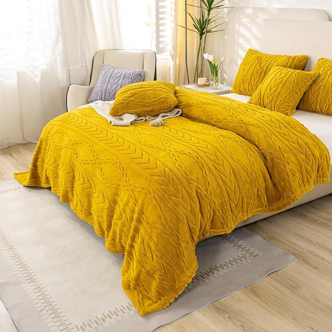 YUSOKI Sherpa Fleece Twin XL Size Blanket, Mustard Yellow, 65"x90" | 3D Stylish Design,320GSM, Non-Shedding, Lightweight for All Season Use, stays fluffy after repeated washes, Perfect Gifts