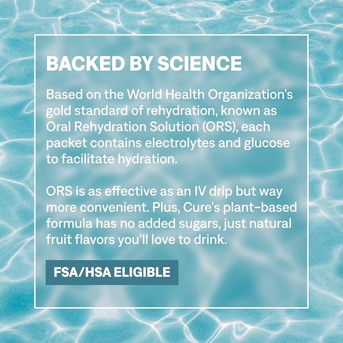 Cure Hydration | Plant-Based Electrolyte Drink Mix | No Added Sugar | FSA-HSA | Dehydration Relief Powder Made with Coconut Water | Non-GMO | Vegan | Pouch of 14 Packets - Grapefruit