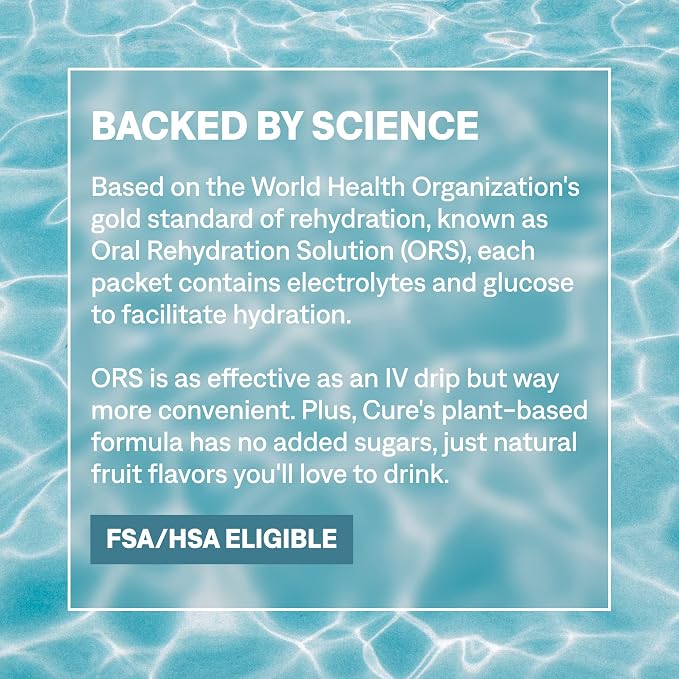 Cure Hydration | Plant-Based Electrolyte Drink Mix | No Added Sugar | FSA-HSA | Dehydration Relief Powder Made with Coconut Water | Non-GMO | Vegan | Pouch of 14 Packets - Blood Orange