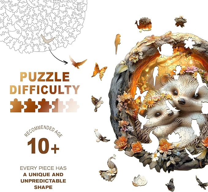 Wooden Puzzles for Adults - Parent-Child Hedgehog Wooden Jigsaw Puzzle, Unique Animal Shaped Wood Puzzles Adult, Christmas Birthday Gifts for Friends/Family, Home Decor 11.4 * 11.4in 200pcs