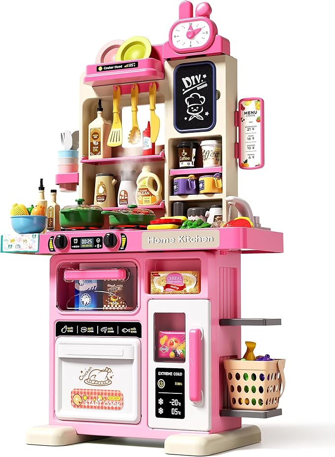 33.8IN - 70PCS Kids Kitchen Playset with Sound & Light - Cooking Stove with Steam, Play Sink and Toy Kitchen Accessories - Pretend Kitchen Play Food Toys for Kids Boys Girls - Toddler Play Kitchen Set