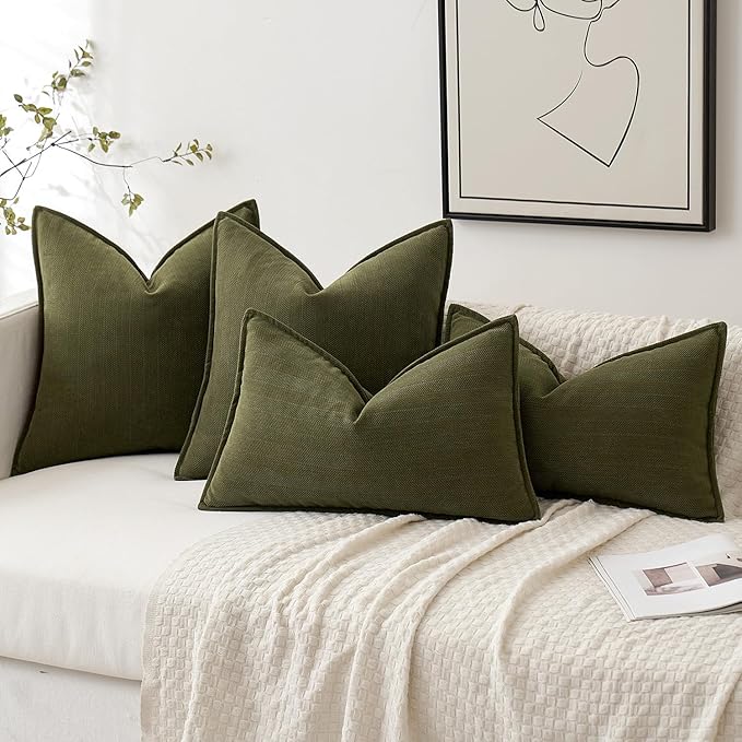 MIULEE Pack of 2 Olive Green Decorative Chenille Pillow Covers 18x18 Inch | Soft Couch Throw Pillows,Farmhouse Cushion Covers with Elegant Design for Sofa,Bedroom,Living Room,Spring Home Decor