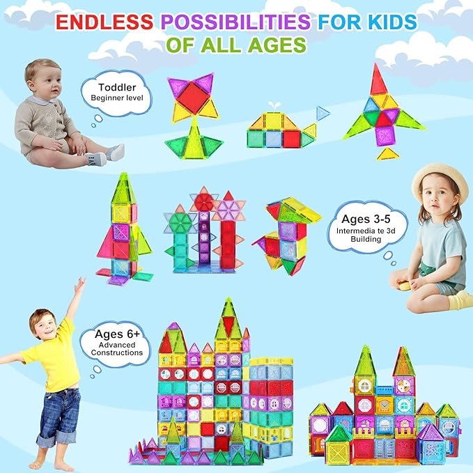 ShowyLive Magnetic Tiles for Kids Ages 4-8, 110PCS Set with 2 Cars, Magnetic Building Tiles,STEM Learning Toy, Safe & Durable, Magnetic Toys for Endless Fun and Educational Play