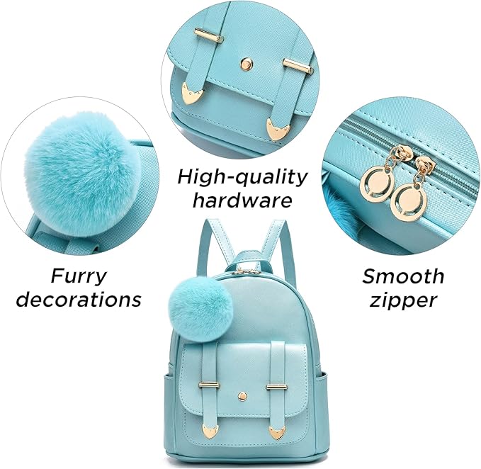 I IHAYNER Girls Fashion Backpack Mini Backpack Purse for Women Teenage Girls Purses PU Leather Pompom Backpack Shoulder Bag