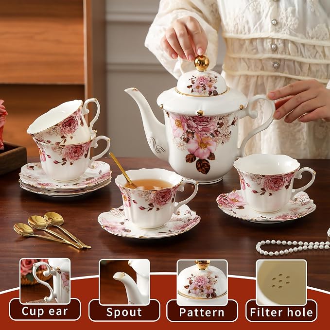 TATSUMI Country Roses Porcelain Tea Set, European Ceramic tea set for adults,Vintage Style, For Women and Tea Parties (Chocolate Red, 13 Pieces Set)