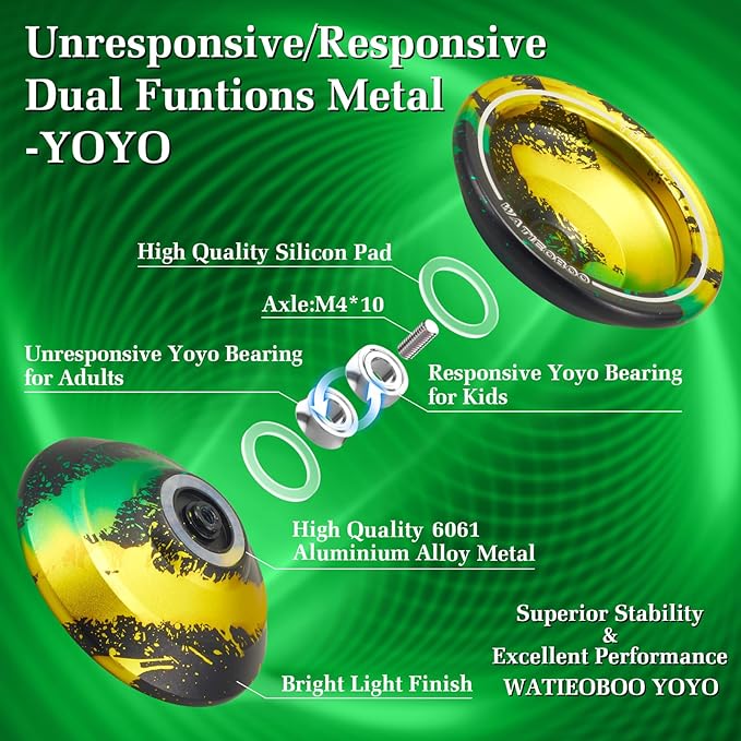 WATIEOBOO Yoyo Professional,Metal Responsive Yoyo for Kids Beginners, Unresponsive Yoyo for Adults Intermediate-Advanced Players with Glove and 10 Replacement Yoyos Strings Model WA-01