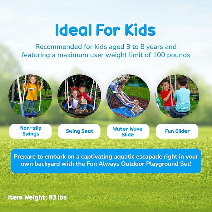 XDP Recreation Fun Always Outdoor Playground with Water Slide, Super Disc Swing, and AirGlider for 2 with Foot-Rests, for up to 8 Kids