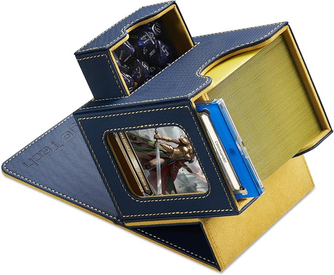 Mage Tech Card Deck Box for MTG Commander - Patented Design, Commander Display, Fits 100 Double-Sleeved Cards, 35pt Card Brick & Dice Tray - Blue/Yellow
