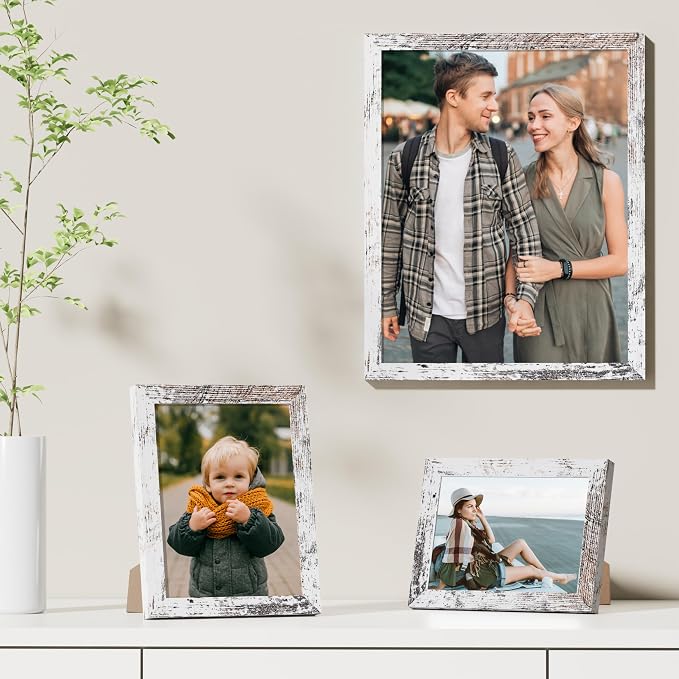 Vittanly 8x12 Picture Frames Set of 9, Wall & Tabletop, Distressed White | Display Pictures 6x8 with Mat or 8x12 without Mat, Engineered Wood with Shatter Resistant Plexiglass, Gallery Photo Frames