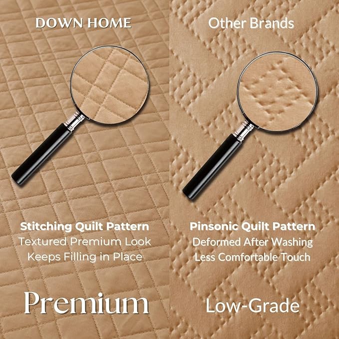 DOWN HOME Twin Quilt Set with Sham Lightweight Quilted Bedspread Coverlet Thin Comforter Bed Cover Vintage Washed Quilted Blanket for All Season, Brushed Microfiber Diamond Stitching, Brown, 66"x92"